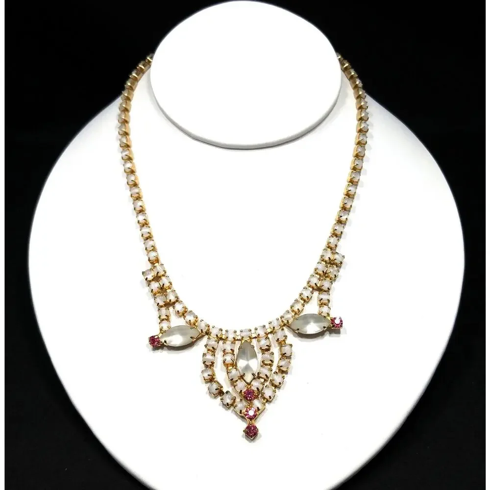 Frosty White Pink Rhinestone Necklace, Gold Plated, 1960s Vintage Jewelry